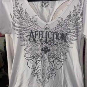 Affliction Women's White and Gray Winged Graphic Tee